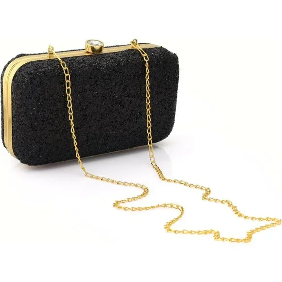 Bronze Glitter Evening Clutch Purse - Sparkly Hardcase Handbag with Chain Strap